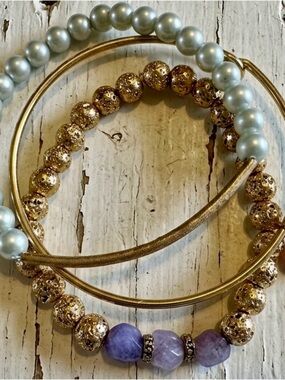 Gold and Light Green Beaded Women's Bracelet Set with Purple Quartz